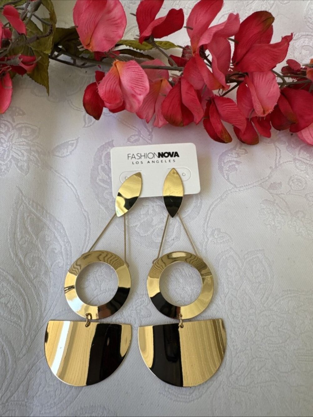 FASHION NOVA Petal To The Metal Shiny Dangle Hoop Earrings 4.5" Abstract NWT